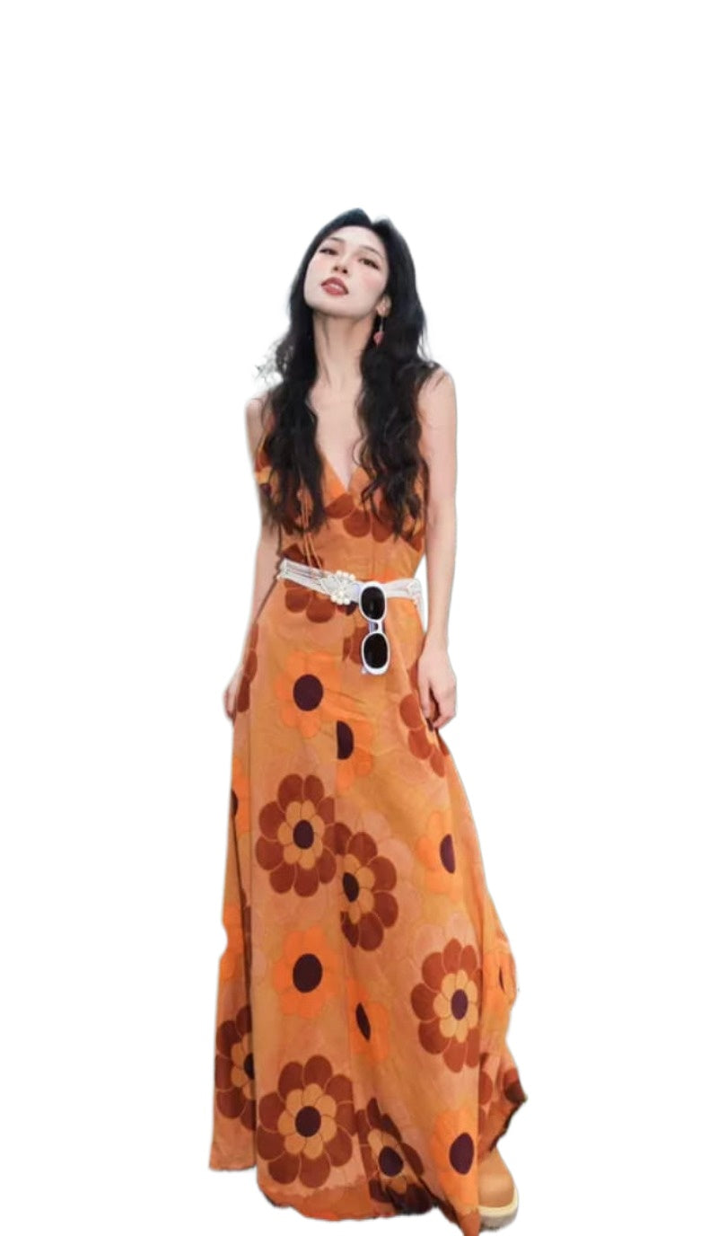 Sunset Bloom V Neck Floral A-Line Maxi Dress