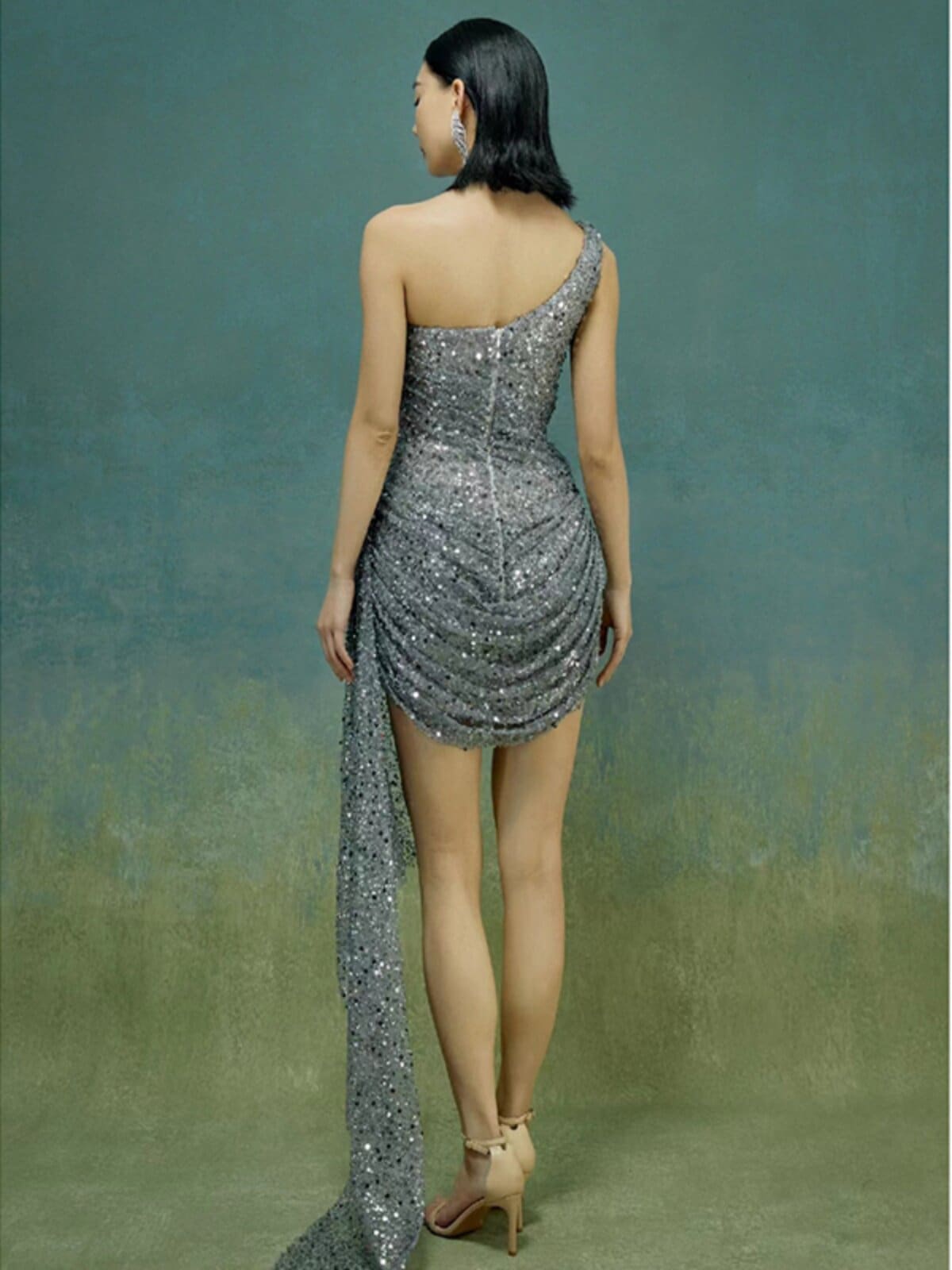 Silver Grey One Shoulder Sequin Bodycon Mini Dress