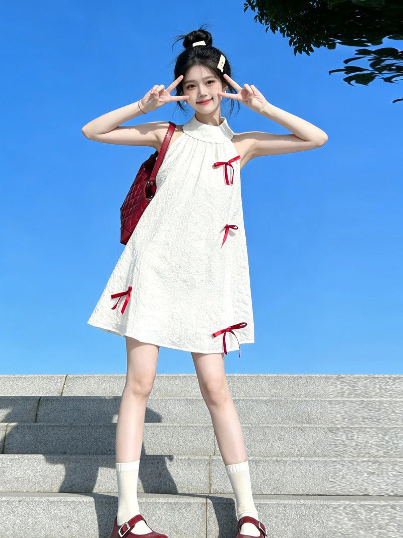 White Bow Halter A-Line Mini Dress