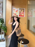 Black Backless Spaghetti Strap Tie Waist A-Line Maxi Dress
