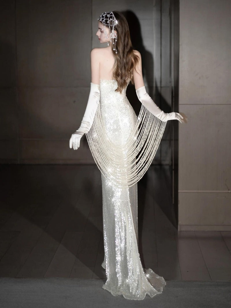 Ivory Sequin Mermaid Maxi Dress With Gloves