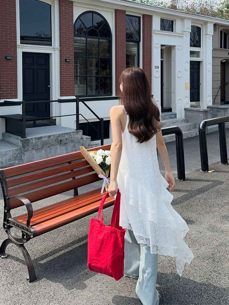 Romantic White Lace Tiered Asymmetric Midi Dress