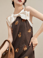 Brown Bow Neck Sequin Embellished Shift Mini Dress