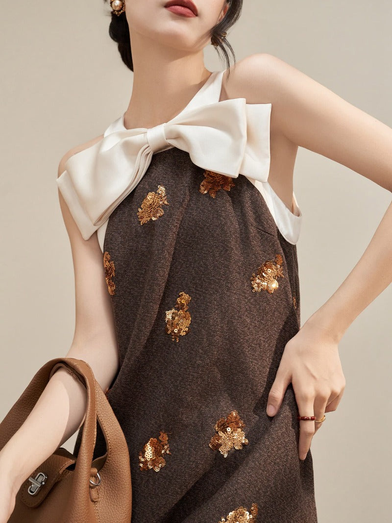 Brown Bow Neck Sequin Embellished Shift Mini Dress