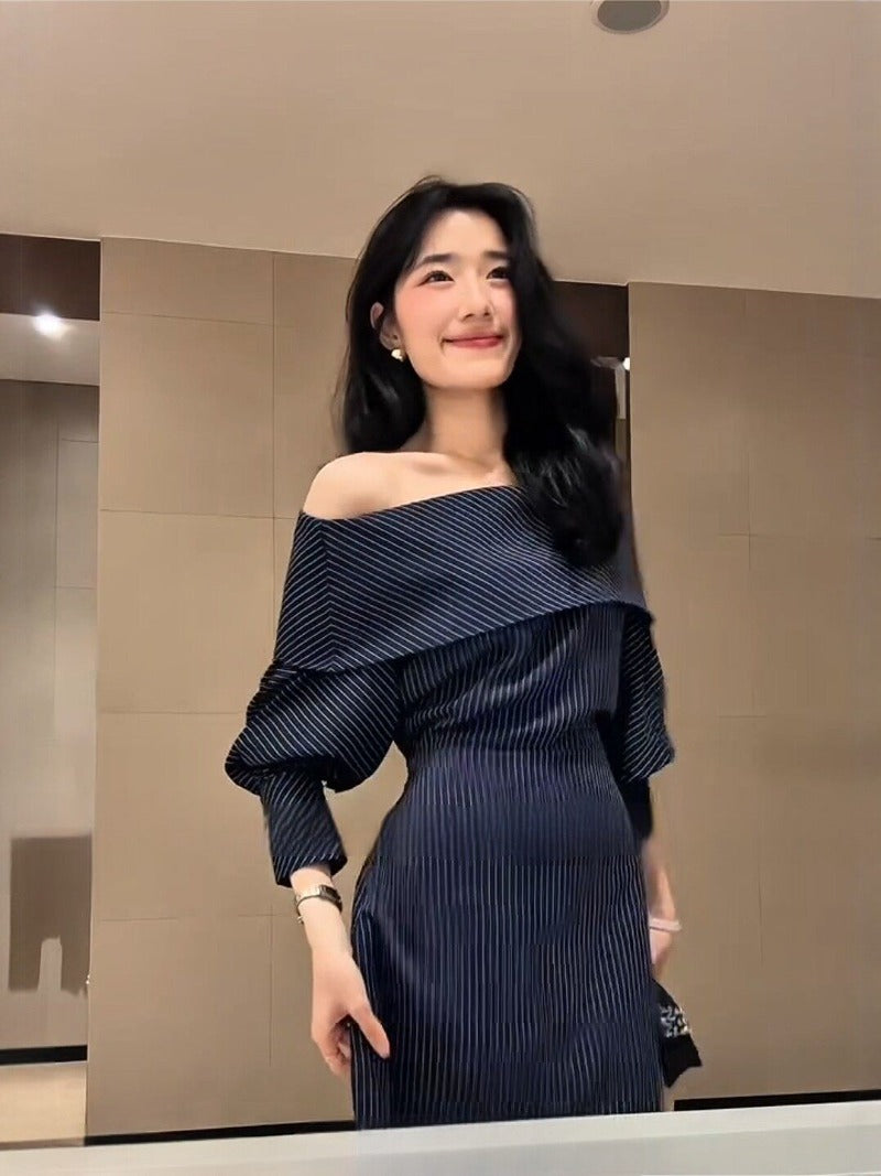 Off-Shoulder Pinstripe Long Sleeve Maxi Dress