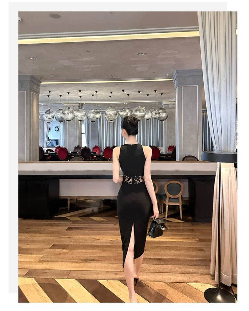 Black Round Neck Lace Waist Sleeveless Bodycon Midi Dress