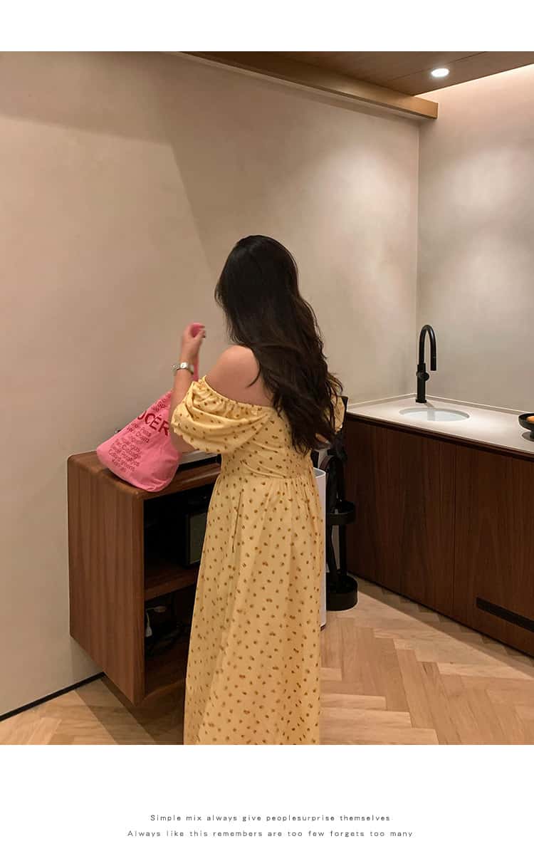 Yellow Floral Off Shoulder Puff Sleeve A-Line Maxi Dress