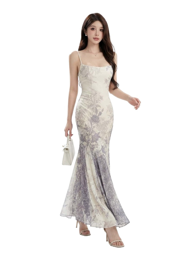 Purple Floral Cami Maxi Dress and Gray Cardigan Set Main image