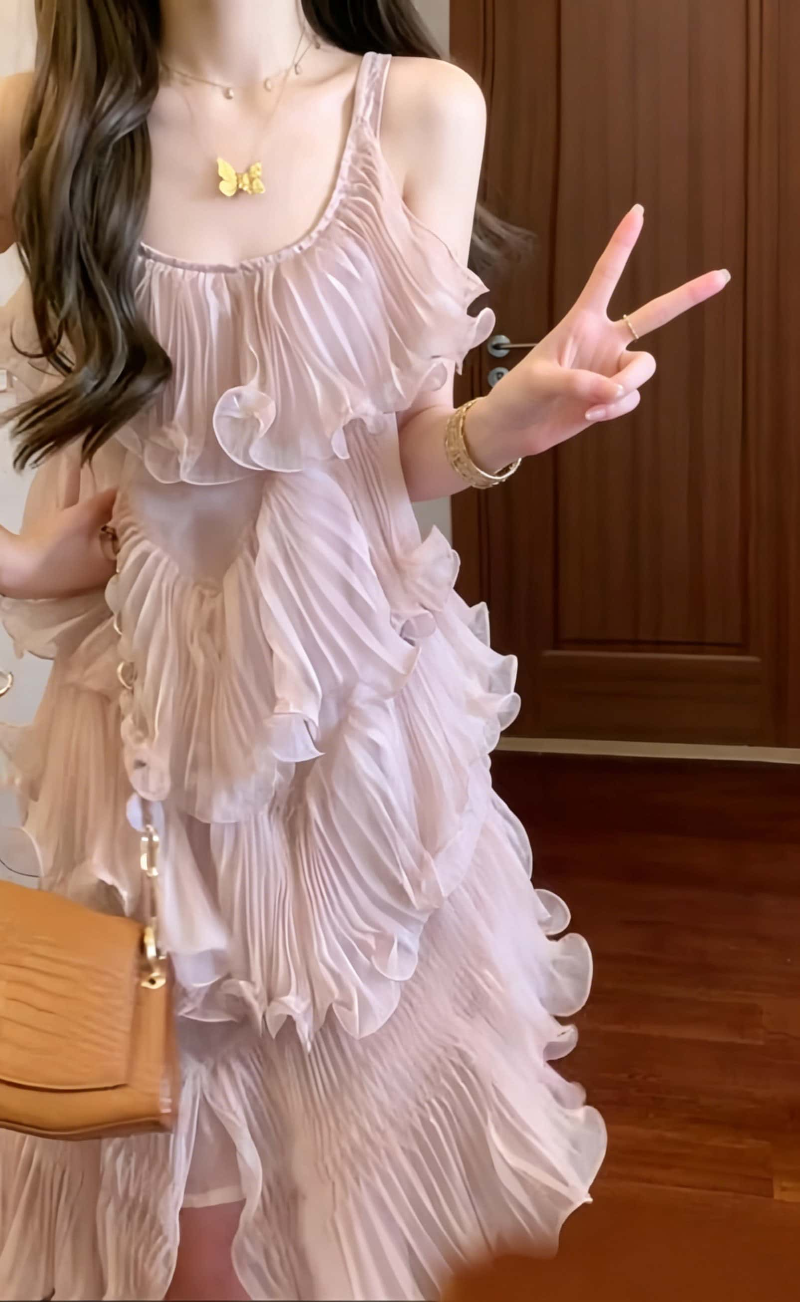 Blush Pleated Ruffle Tiered A-Line Mini Dress