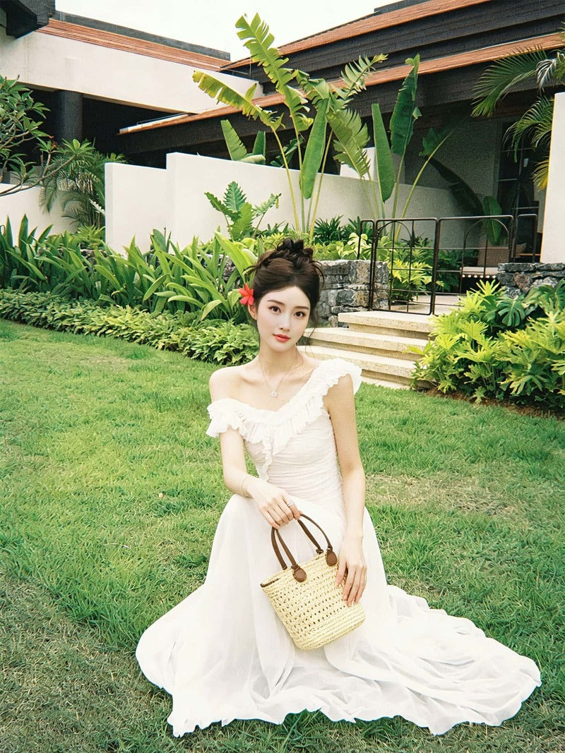 White Convertible Ruffle Off Shoulder A-Line Maxi Dress