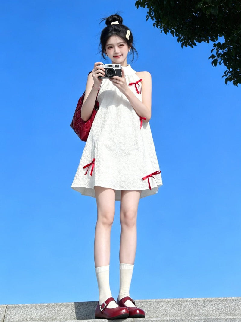 White Bow Halter A-Line Mini Dress
