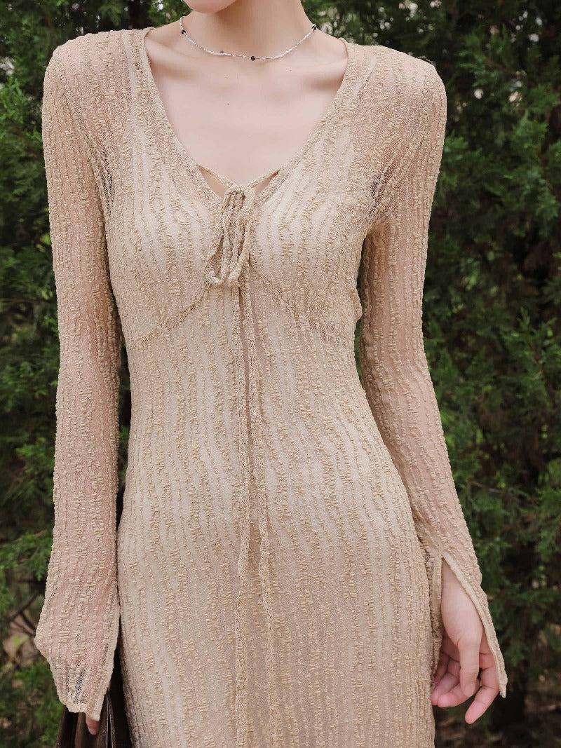 Desert Veil Khaki Mesh Tie Front V Neck Maxi Dress