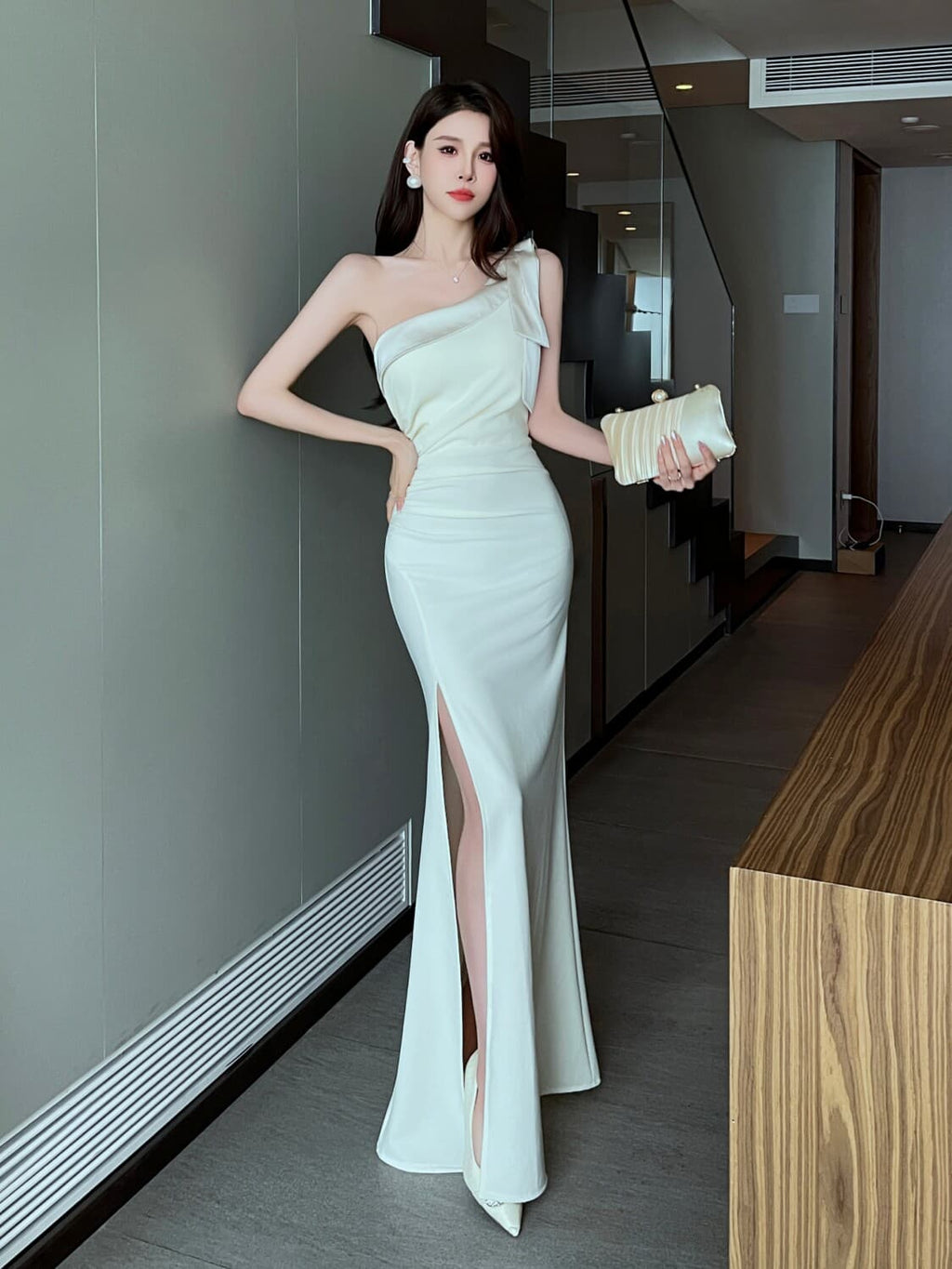 Cream One Shoulder Ruched Mermaid Maxi Dress