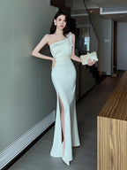 Cream One Shoulder Ruched Mermaid Maxi Dress