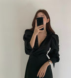 Apricot/Black Collared Wrap Asymmetric Hem Shirt Dress