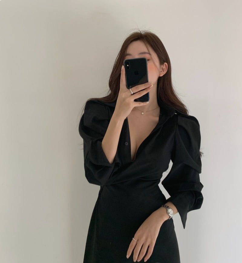 Apricot/Black Collared Wrap Asymmetric Hem Shirt Dress