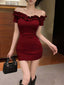 Burgundy/Black Off Shoulder Ruffle Bodycon Mini Dress