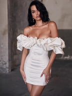 Off Shoulder Ruffle Sleeve Bodycon Mini Dress