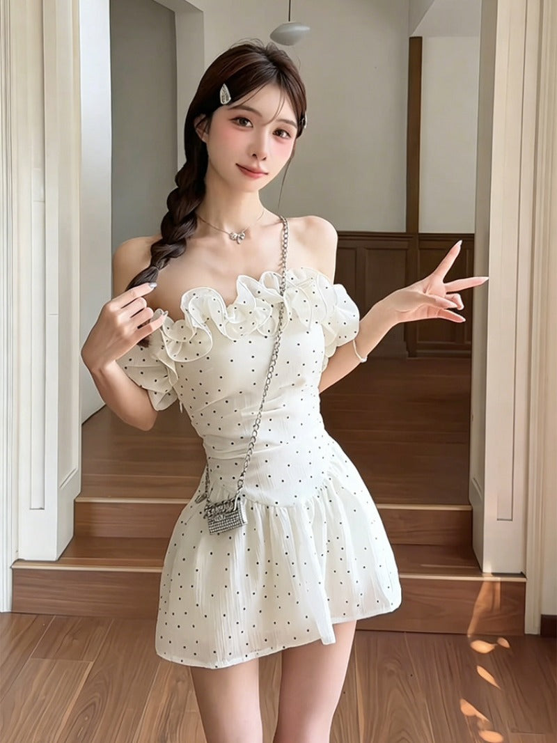 White Polka Dot Off Shoulder Ruffle A-Line Mini Dress