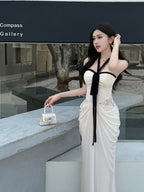 White Contrast Halter Lace-Inset Maxi Dress