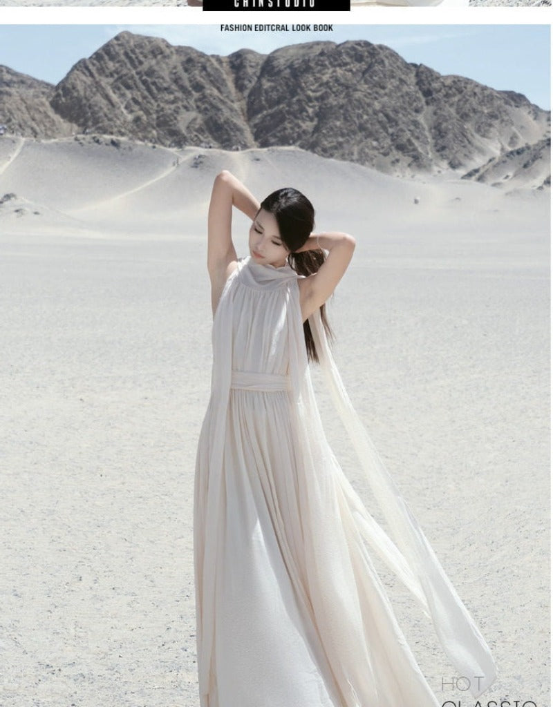 Desert Goddess Apricot Scarf Halter Backless Maxi Dress