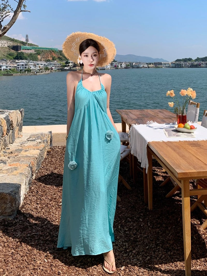 Halter Neck Backless Rosette A-Line Maxi Dress