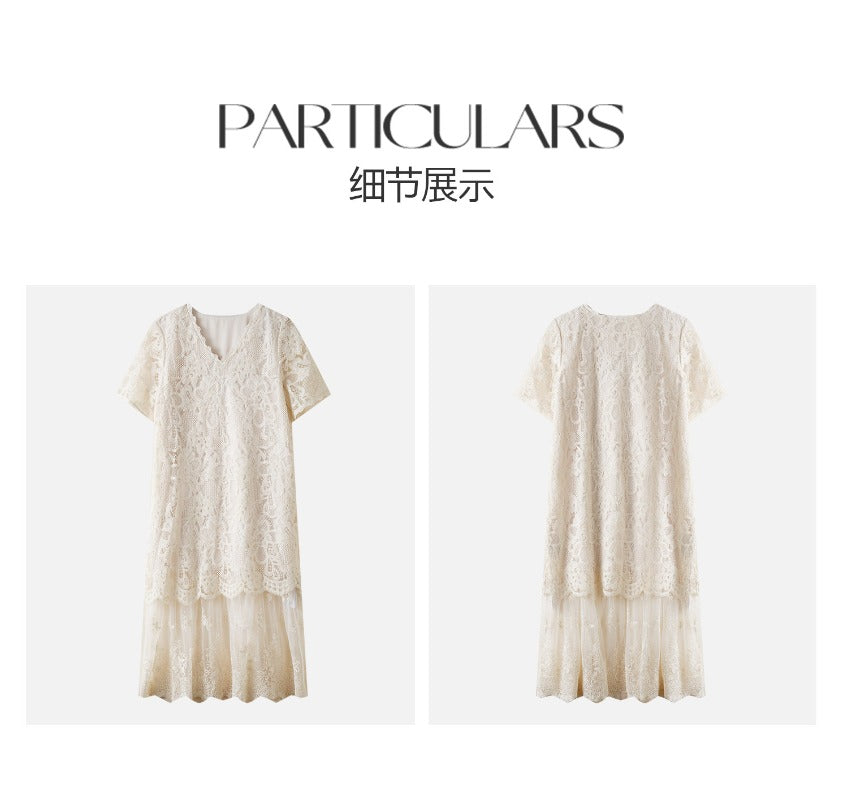 Ivory V Neck Lace Short Sleeve Shift Midi Dress