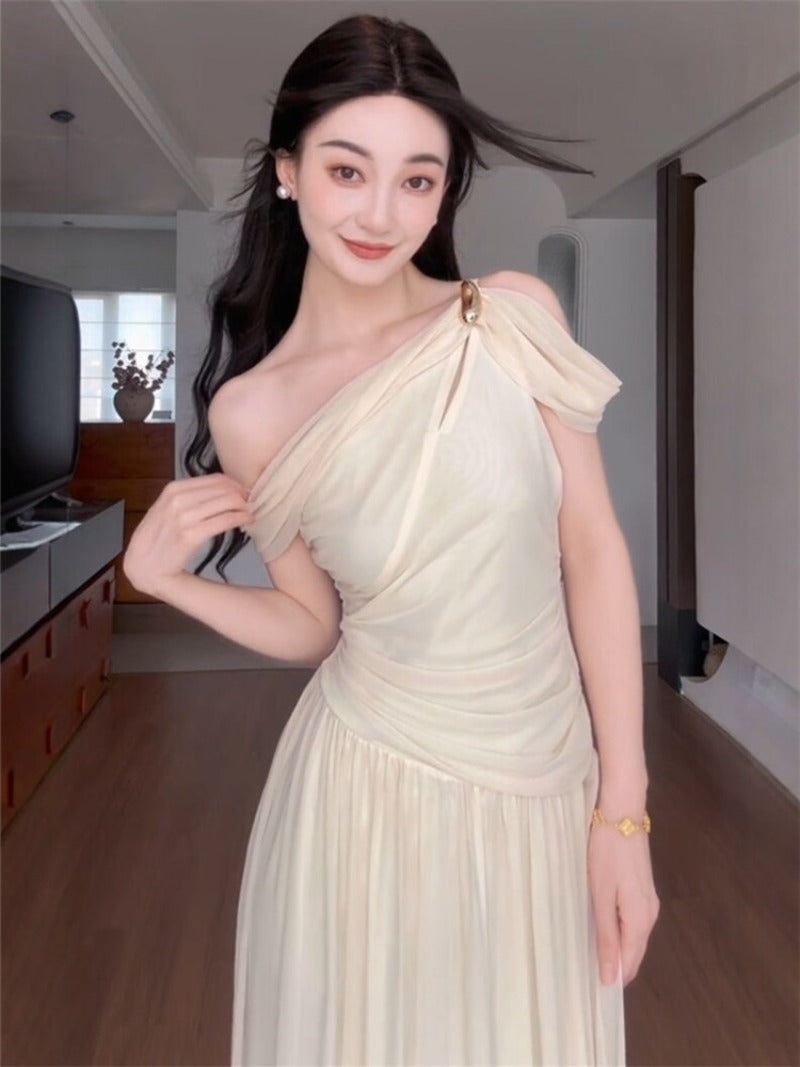 Elara Ivory Draped One Shoulder Maxi Dress