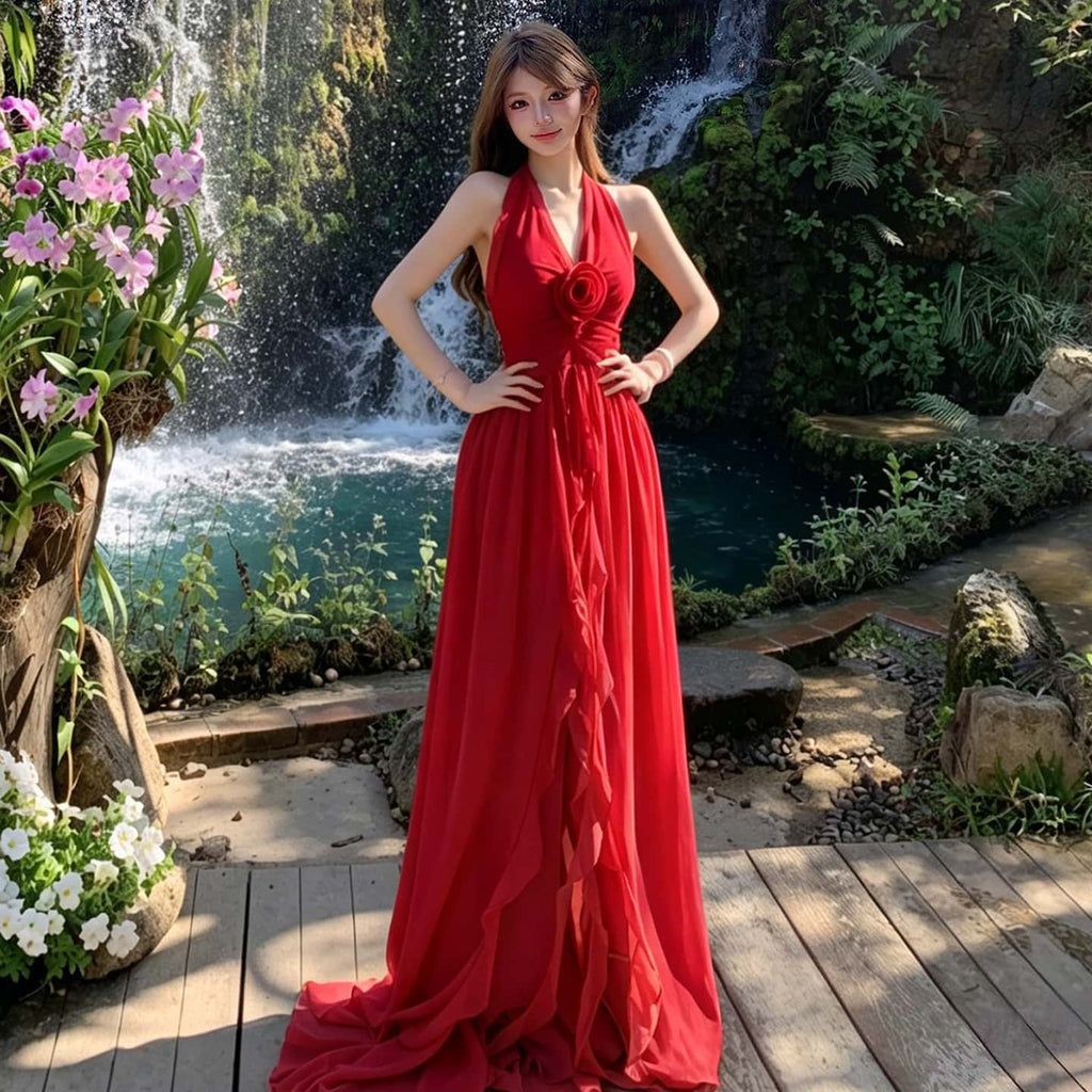 Red Halter Flower Draped A-Line Maxi Dress