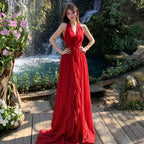 Red Halter Flower Draped A-Line Maxi Dress