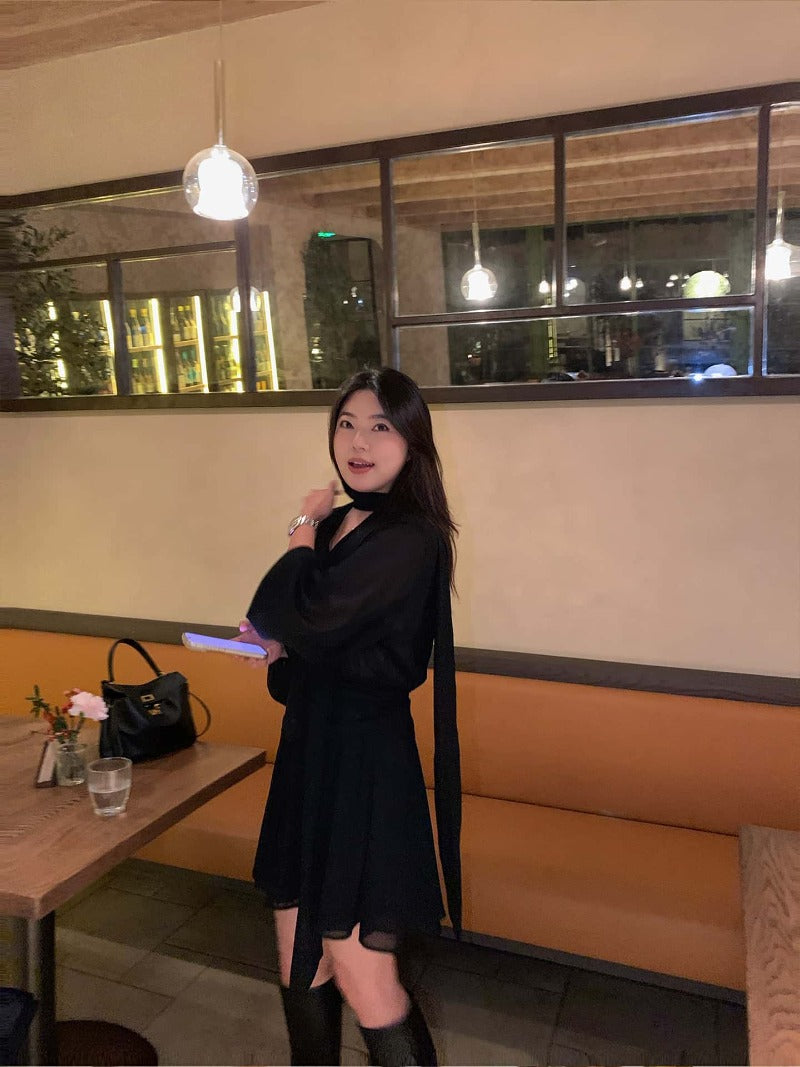 Black Tie Neck V-Neck 3/4 Sleeve Chiffon A-Line Mini Dress