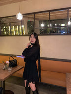 Black Tie Neck V-Neck 3/4 Sleeve Chiffon A-Line Mini Dress