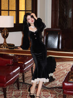Black Velvet Lace Square Neck Mermaid Midi Dress