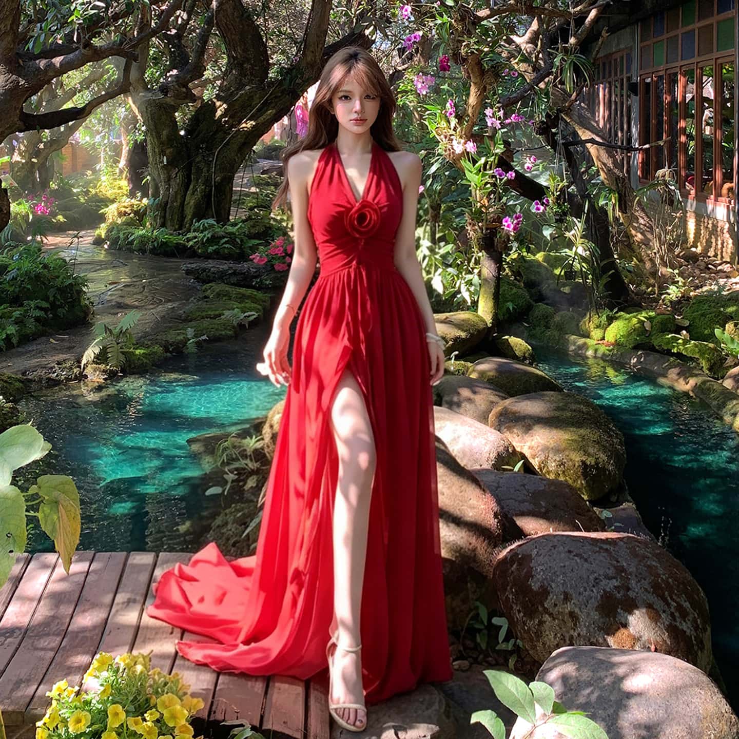 Red Halter Flower Draped A-Line Maxi Dress