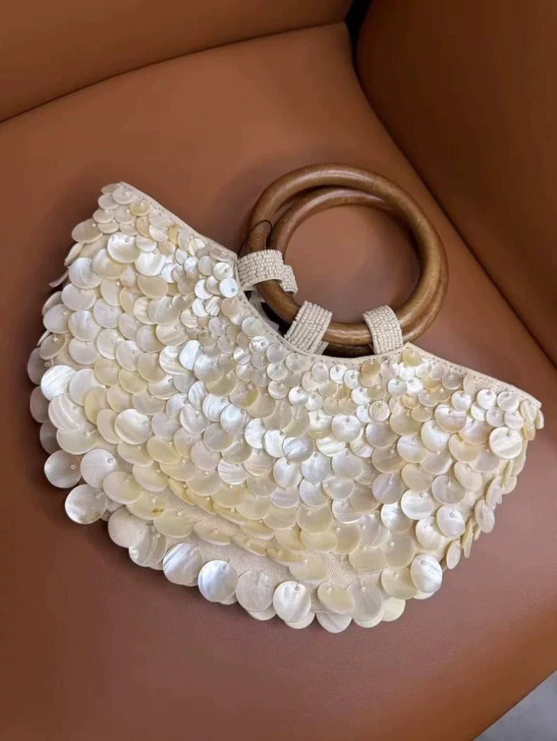 Ivory Shell Detail Evening Bag with Ring Handle