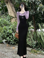 French Bow Long Sleeve Bodycon Maxi Dress Set
