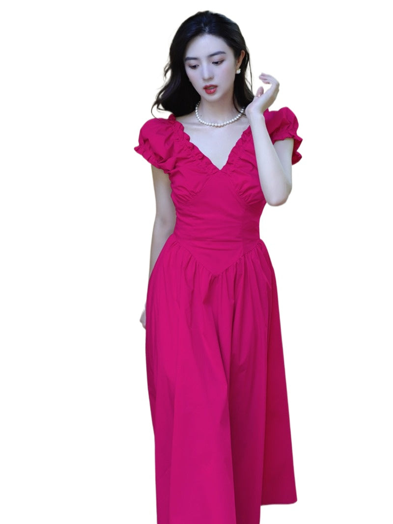 Pink/Black V Neck Ruffle Sleeve Midi Dress