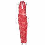 Tropical Heat Red Floral Cutout Halter Maxi Dress