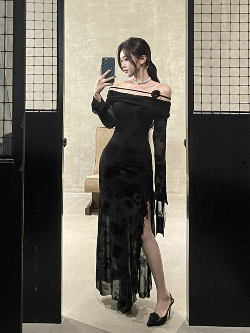 Black Floral Off Shoulder Long Sleeve Slit Maxi Dress