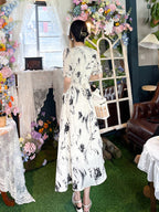 White Floral Print V Neck Belted A-Line Maxi Dress