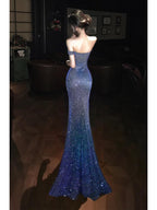 Blue Off Shoulder Sequin Ruched Slit Mermaid Maxi Dress