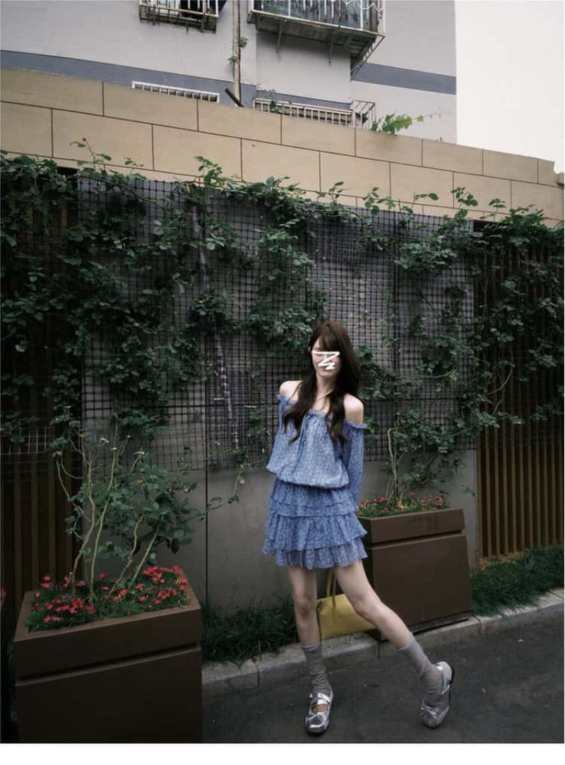 Blue Floral Off Shoulder Ruffle Mini Dress Set