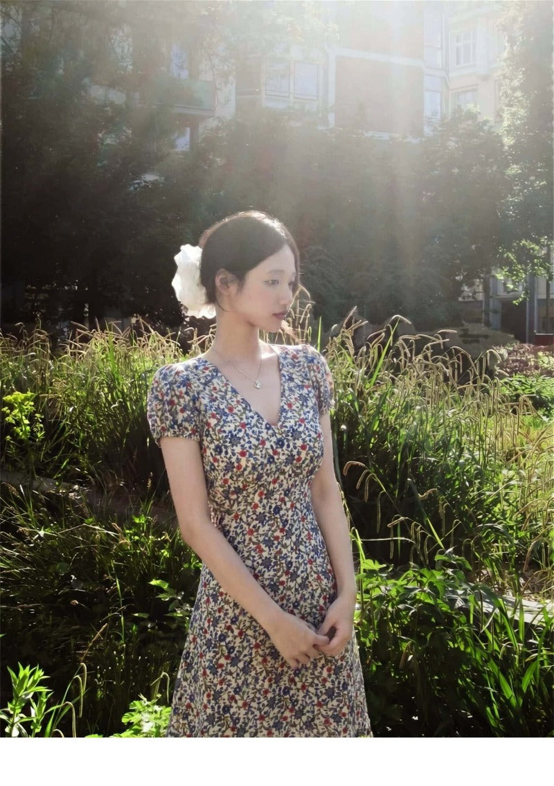 Ivory Floral V Neck Puff Sleeve Cotton Dress
