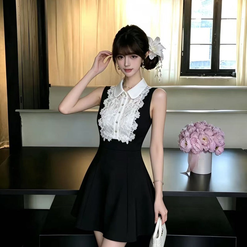Black Belle Lace Peter Pan Collar Fit-and-Flare Mini Dress