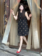 Black Butterfly Print Silk Organza Sleeveless Midi Dress