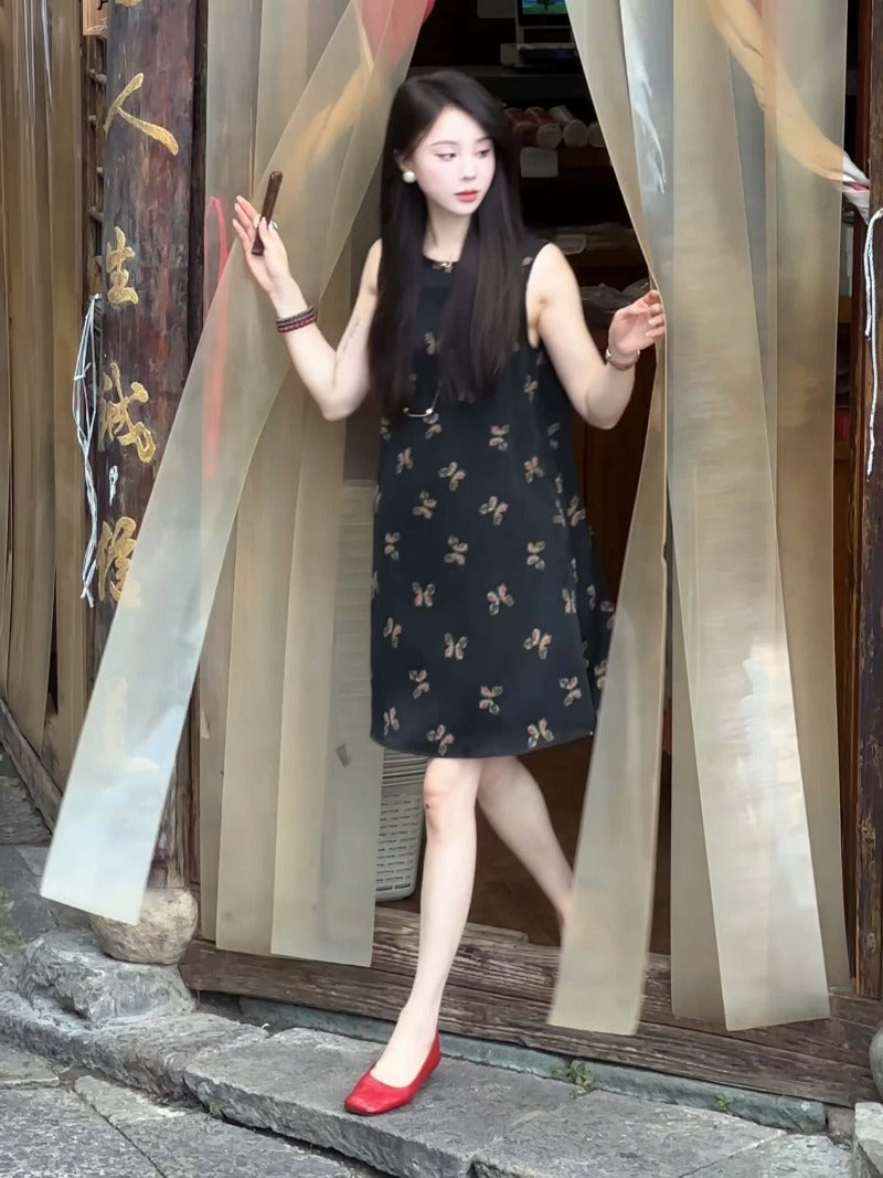 Black Butterfly Print Silk Organza Sleeveless Midi Dress