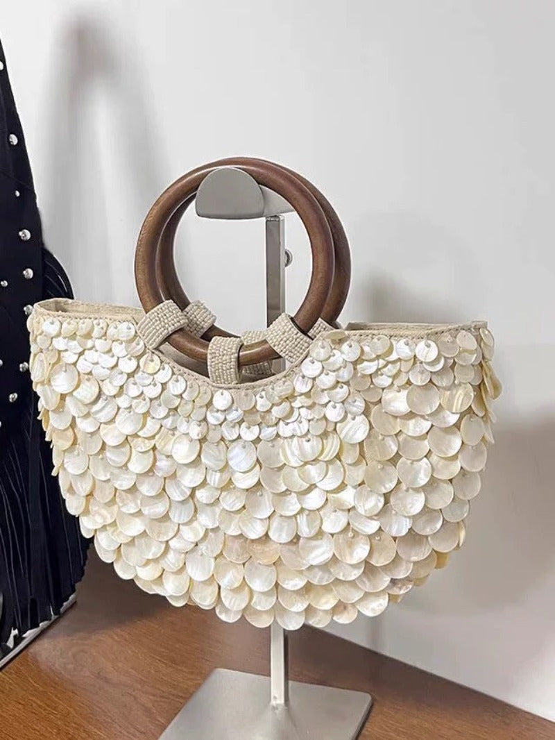 Ivory Shell Detail Evening Bag with Ring Handle