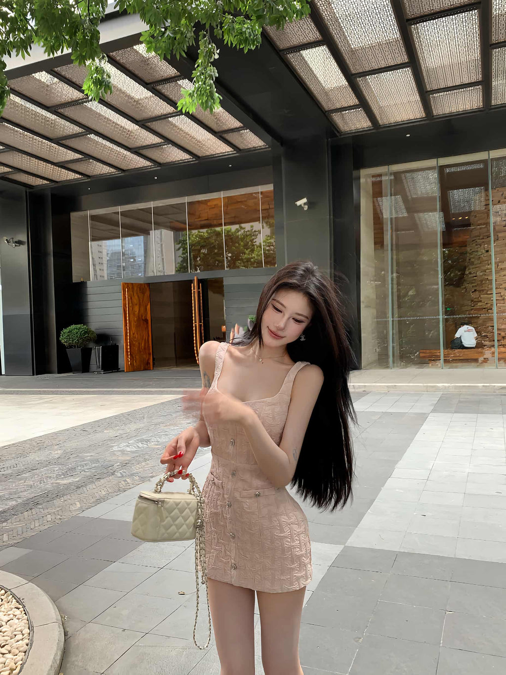 Blush Pink Chic Textured Square Neck Mini Dress