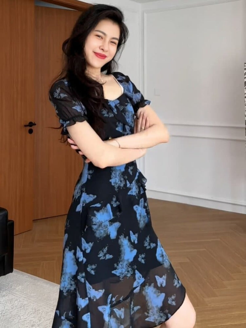 Black Blue Butterfly Square Neck Asymmetric Chiffon Dress