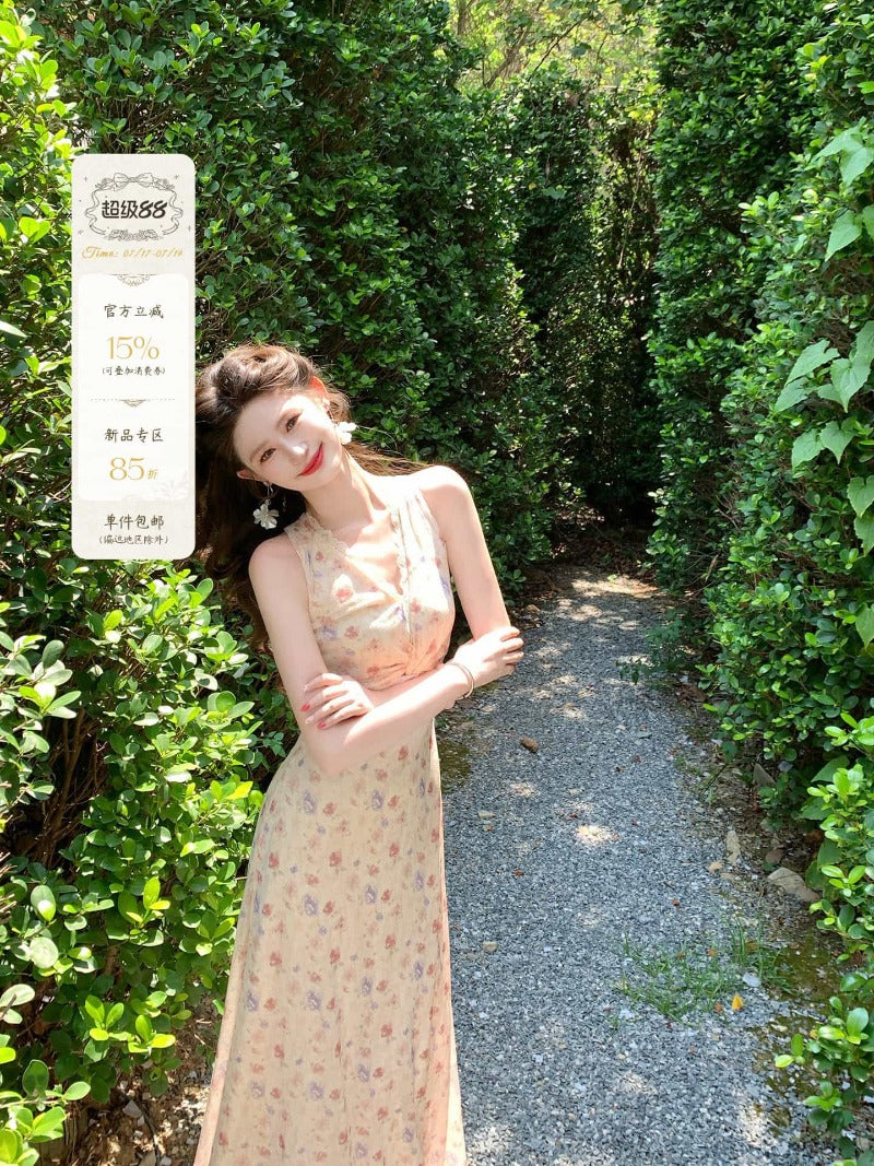 Apricot Pink Floral V Neck Ruched Maxi Dress